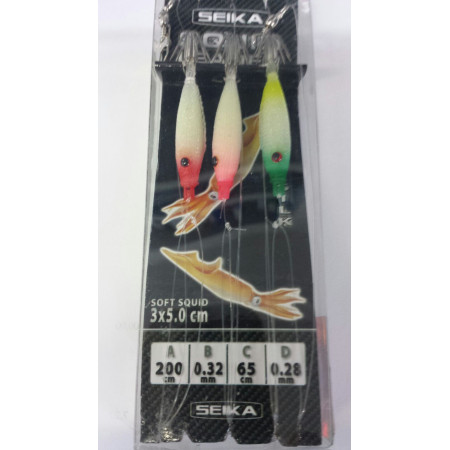 Aparejo Seika Soft Leader Squid Silk, jibiones 3x5.0cm colores rojo/rosa/verde