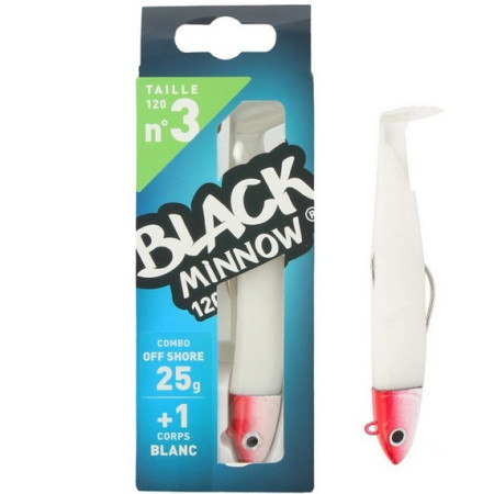 Black Minnow Combo Tamaño 3 - 120 mm - Cabeza Off Shore - 25 gr - Color Blanc -JH Rouge 