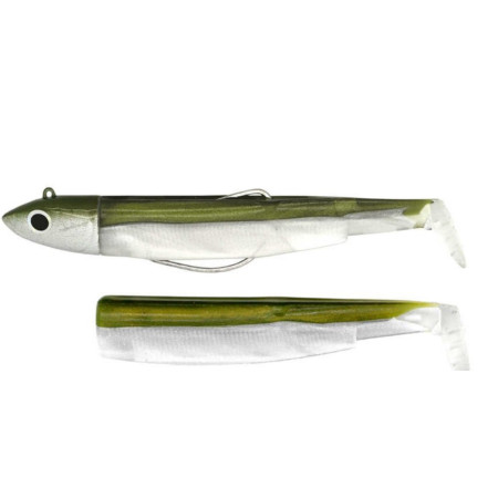 Black Minnow Combo Fiiish, detalle del cuerpo verde/blanco y cabeza plomada, par