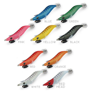 Jibionera DTD Ballistic Egi, catálogo de 9 colores: azul, verde, rosa, amarillo, negro, rojo, naranja, blanco y cabeza roja