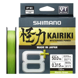 Trenzado Shimano Kairiki 8+, caja 0,315mm/50lb color Mantis Green junto a bobina