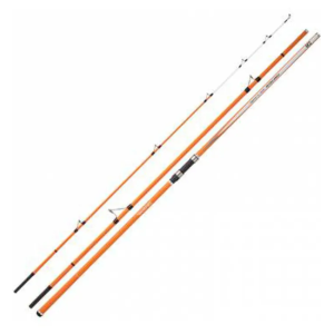 Caña Daiwa Proteus Surf desmontada en sus tres tramos, blank naranja con el tramo de puntera blanco
