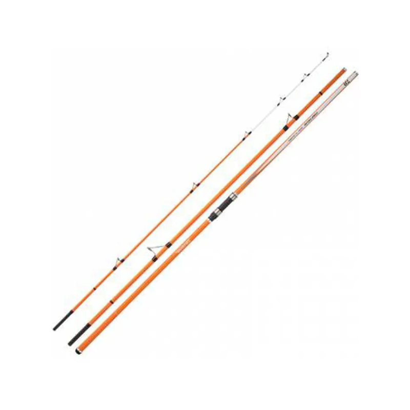 Caña Daiwa Proteus Surf desmontada en sus tres tramos, blank naranja con el tramo de puntera blanco