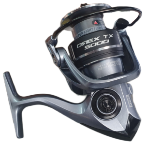 Carrete Ryobi Drex TX 5000 de perfil, con la serigrafía SUPER LIGHT / LONG CAST y el mando del freno sobre la bobina