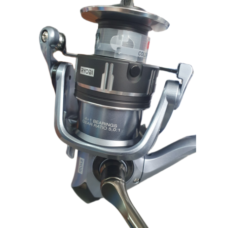 Detalle del rotor del Ryobi Drex TX 5000 con las marcas 4+1 BEARINGS y GEAR RATIO 5,0:1 junto al arco recogedor