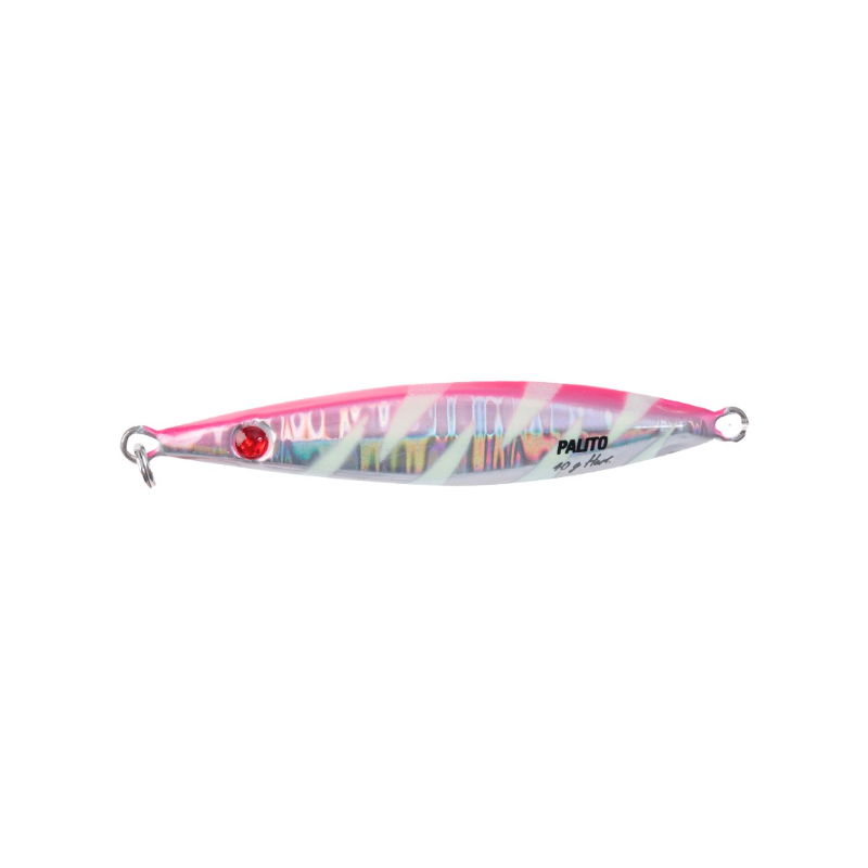 Señuelo Hart Palito en acabado rosa y blanco perlado con brillos dorados, con el doble assist hook delantero premontado
