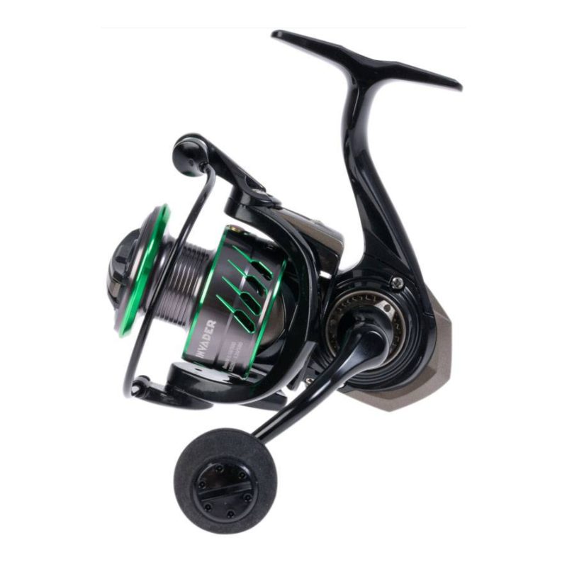Carrete Hart Invader 3000 de spinning ligero, con cuerpo negro de grafito y bobina de aluminio con detalles en verde