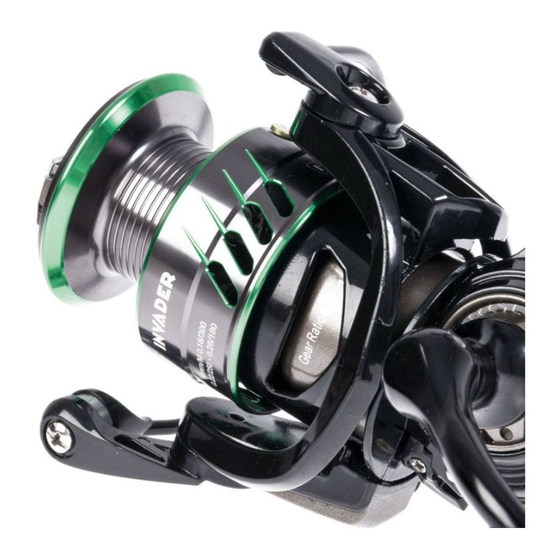 Bobina de aluminio perforada, rotor y pick-up del carrete Hart Invader 3000, con los detalles en verde de la bobina