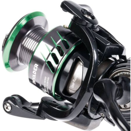 Bobina de aluminio perforada, rotor y pick-up del carrete Hart Invader 3000, con los detalles en verde de la bobina