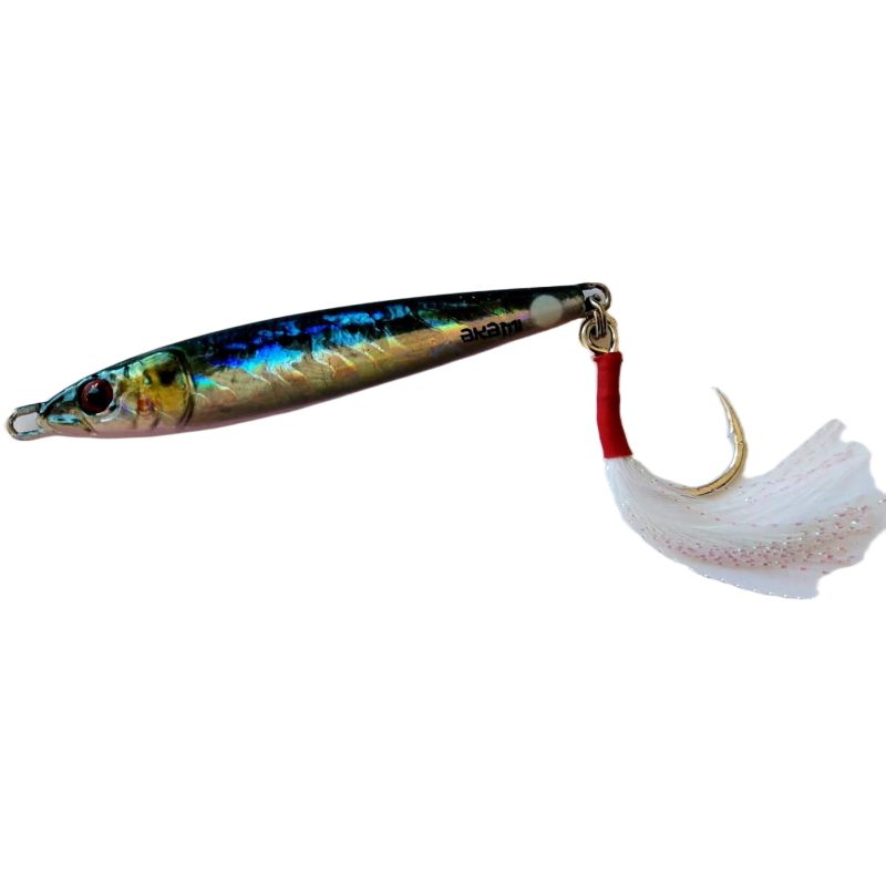 Señuelo Akami Dumy en color Sardine, jig metálico holográfico con anzuelo simple vestido con pelo blanco