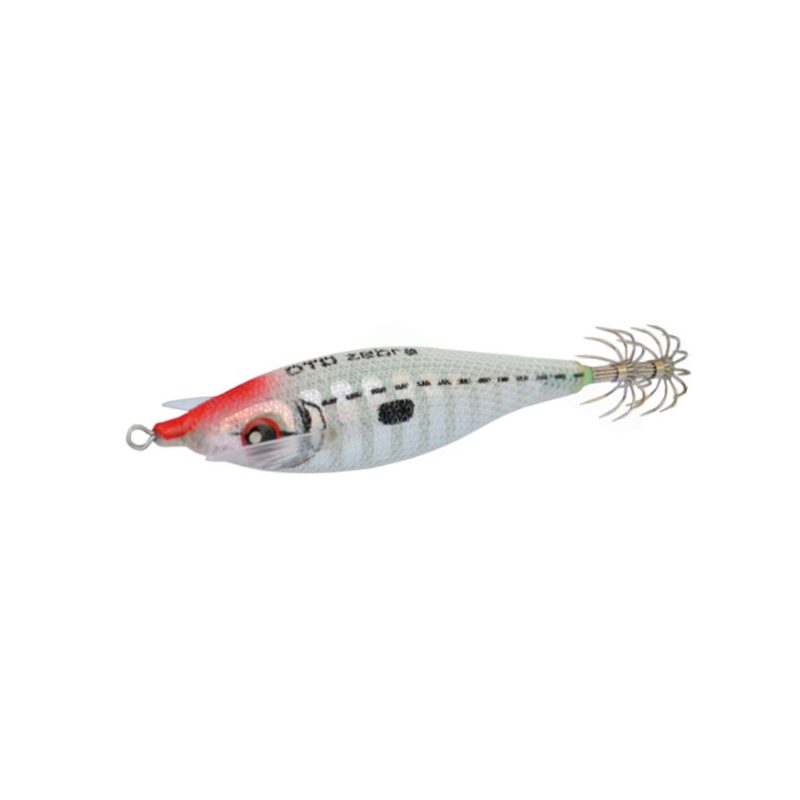 Jibionera DTD Zebra en color White, con el cuerpo nacarado rayado, la cabeza roja y el ojo pintado