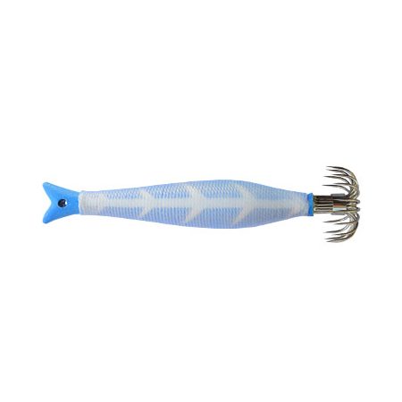 Jibionera DTD Poseidon Glow en Blue Luminous, con el cuerpo de hilo azul y blanco y la cabeza azul en punta