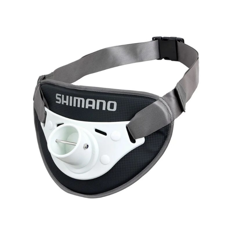 Cinturón de combate Shimano Fighting Belt en vista tres cuartos, con correa gris extra ancha y hebilla negra de presión