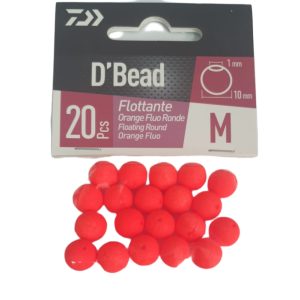 Blíster Daiwa D'Bead Flottante Orange Fluo Ronde talla M con las 20 perlas redondas flotantes de color naranja intenso