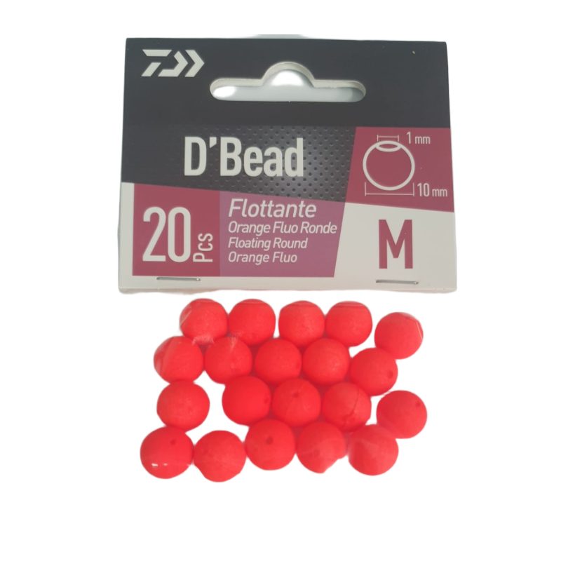 Blíster Daiwa D'Bead Flottante Orange Fluo Ronde talla M con las 20 perlas redondas flotantes de color naranja intenso