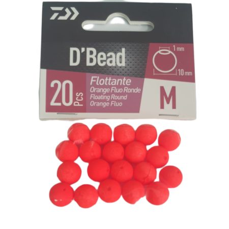 Blíster Daiwa D'Bead Flottante Orange Fluo Ronde talla M con las 20 perlas redondas flotantes de color naranja intenso